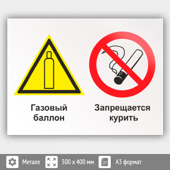 Знак «Газовый баллон. Запрещается курить», КЗ-18 (металл, 400х300 мм)